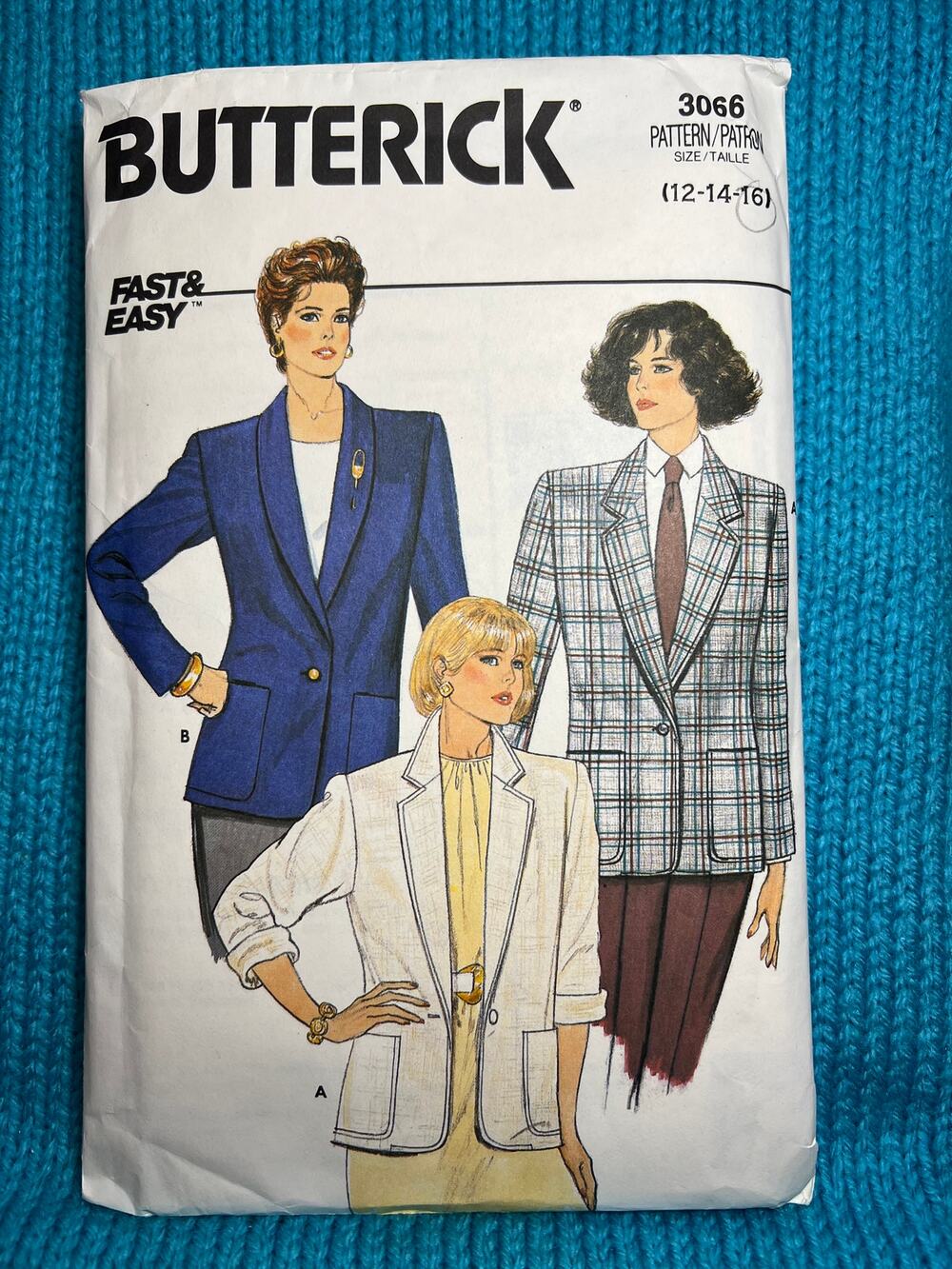Butterick 3066 pattern blazer boxy boyfriend 1980s size 12 14 16